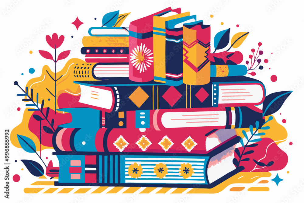 Fototapeta premium Colorful Stacked Books Illustration with Decorative Elements