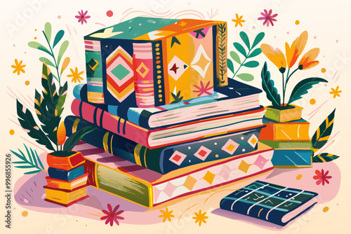 Vibrant Illustration of Stacked Books with Blossoming Plants