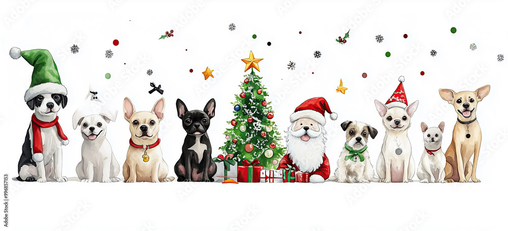 Fröhliche Hunde mit Weihnachtsmann vor Weihnachtsbaum – Illustration im Bannerformat