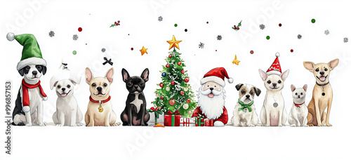 Obraz na płótnie Fröhliche Hunde mit Weihnachtsmann vor Weihnachtsbaum – Illustration im Bannerformat w salonie