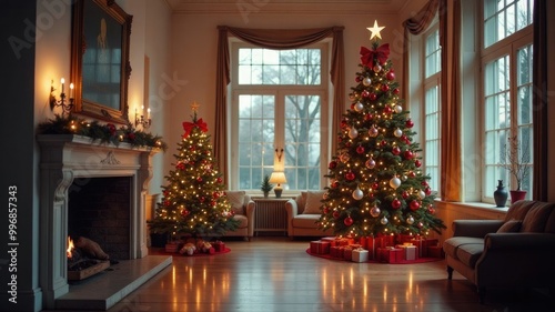 Christmas tree with decorations near the fireplace