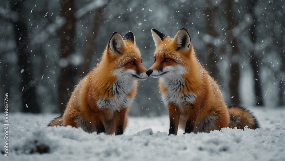 Charming little foxes in a snowy landscape. Charming little foxes in a snowy landscape.
