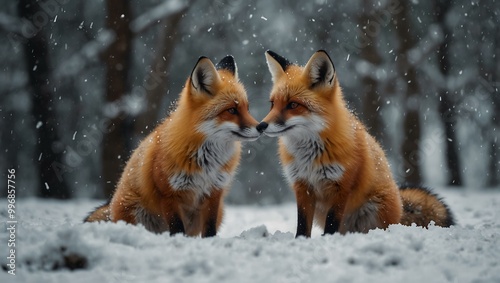 Charming little foxes in a snowy landscape.