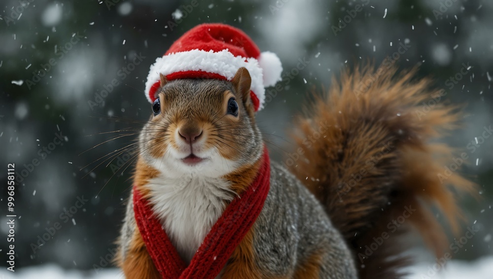 Cheerful squirrel in a Santa hat and red scarf poses in the snow.