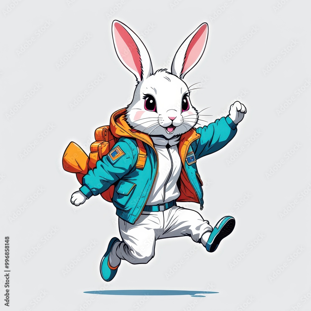 A cheerful cartoon rabbit wearing a stylish jacket and backpack, leaping with excitement. A cheerful cartoon rabbit wearing a stylish jacket and backpack, leaping with excitement.