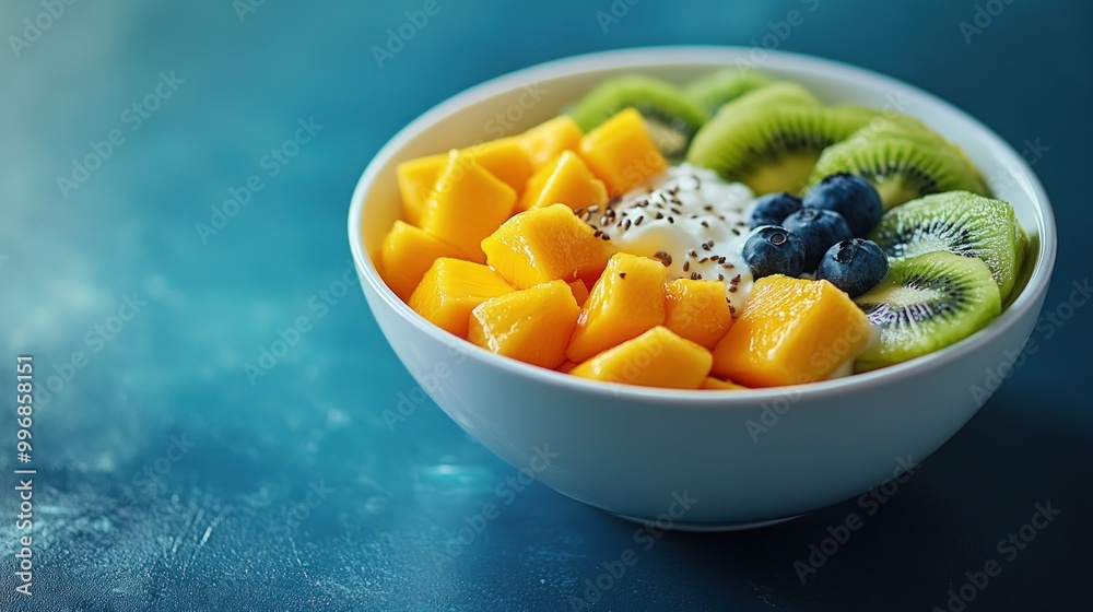 Close-up of a bowl of yogurt with mango, kiwi, and blueberries on a blue background. Close-up of a bowl of yogurt with mango, kiwi, and blueberries on a blue background.