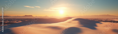 Under the scorching Sahara sun, the vast desert stretches to the horizon, its hot sands shimmering in the bright rays and the air shivering with heat