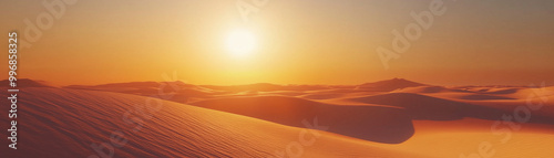 Under the scorching Sahara sun, the vast desert stretches to the horizon, its hot sands shimmering in the bright rays and the air shivering with heat