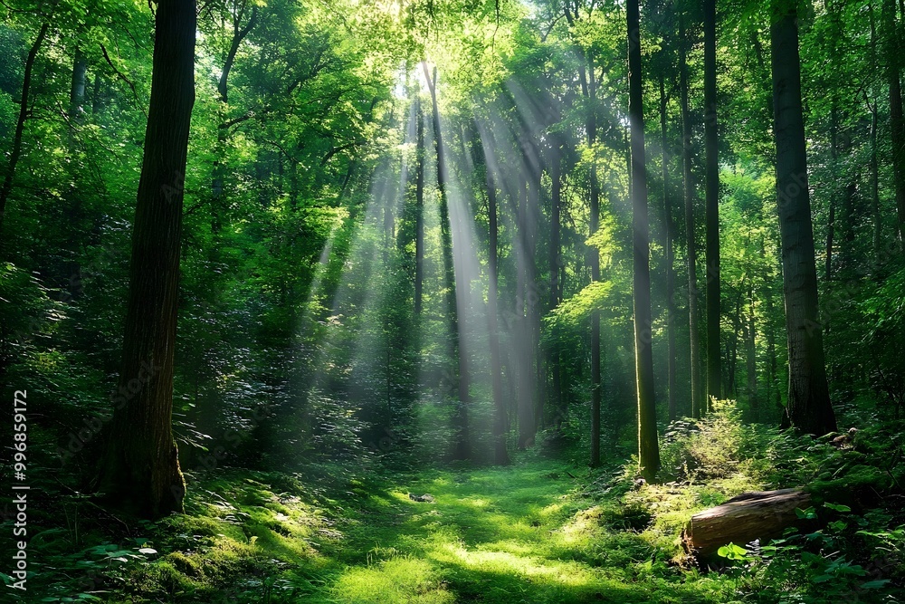 Obraz premium sunlight penetrating through the trees, green dense forest, relaxing environment