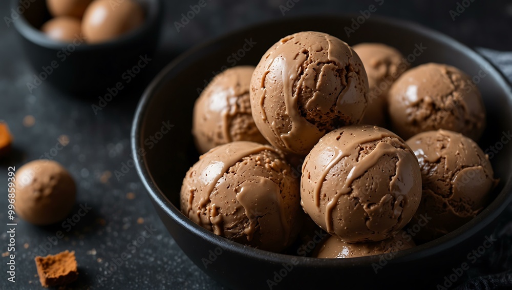 Chocolate coffee ice cream balls in a dark bowl. Chocolate coffee ice cream balls in a dark bowl.