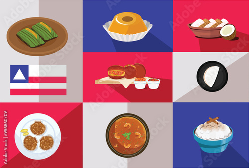 Vector set of typical foods from the state of Bahia, Brazil. This vector set includes acarajé, abará, crab shell, shrimp bobo, tapioca, quindim, coco and mungunza.