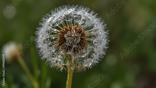 Close-up of a dandelion in bloom, with dew drops and seeds ready to disperse.