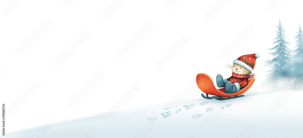 Katze auf dem Schlitten – Winterliches Weihnachtsdesign im Bannerformat mit Textfreiraum