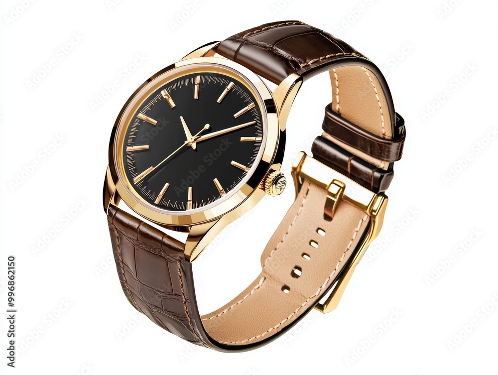 A luxury wristwatch with a leather strap and gold details, isolated on white A luxury wristwatch with a leather strap and gold details, isolated on white