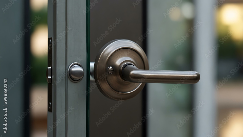 Close-up of a modern door handle and lock against a blurred glass background. Close-up of a modern door handle and lock against a blurred glass background.