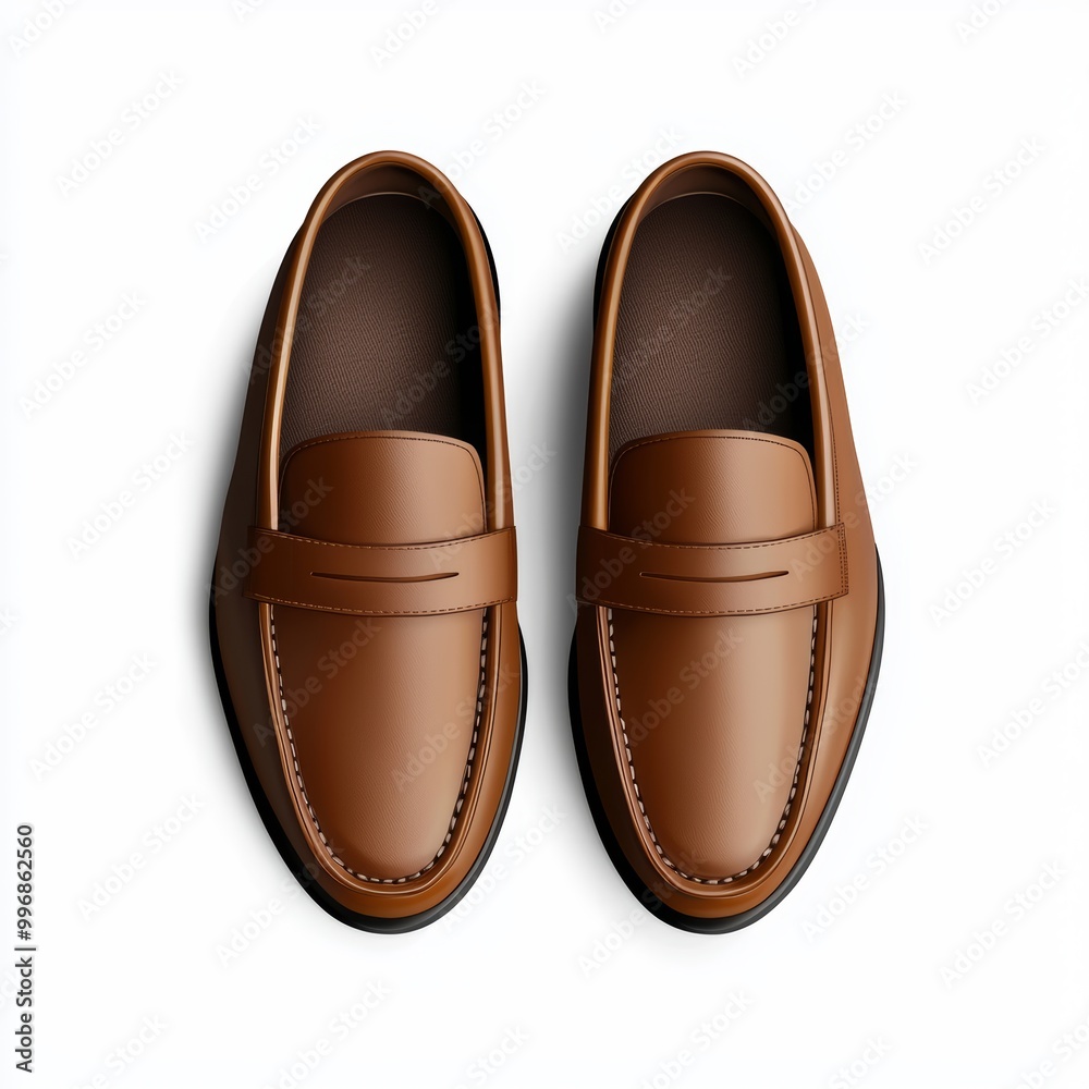 A pair of classic leather loafers, isolated on a white surface A pair of classic leather loafers, isolated on a white surface