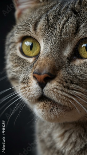 Close-up of a surprised gray cat.
