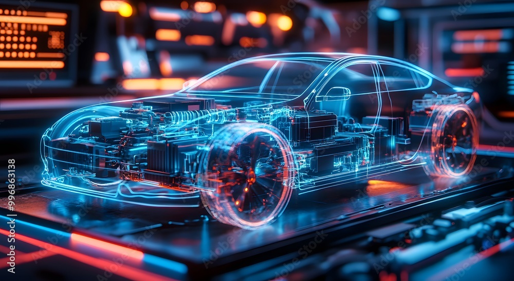 A holographic representation of an electric vehicle's battery and motor, with visible wires connecting to the car body, set against a backdrop of blue neon lights. A holographic representation of an electric vehicle's battery and motor, with visible wires connecting to the car body, set against a backdrop of blue neon lights.