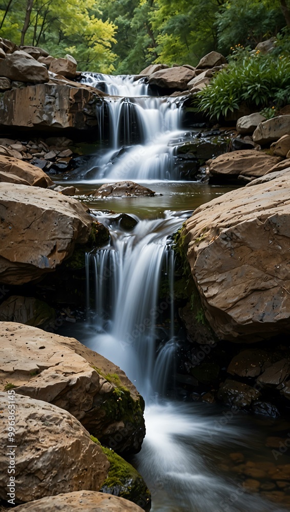 Close-up of a waterfall among rocks in a park. Close-up of a waterfall among rocks in a park.