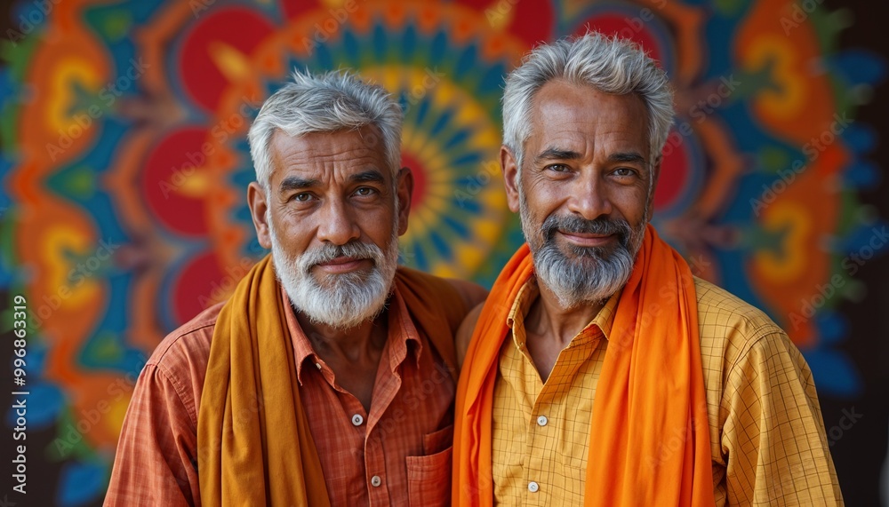 Naklejka premium Two Elderly Indian Men Joyfully Celebrating Diwali Indoors with Vibrant Rangoli