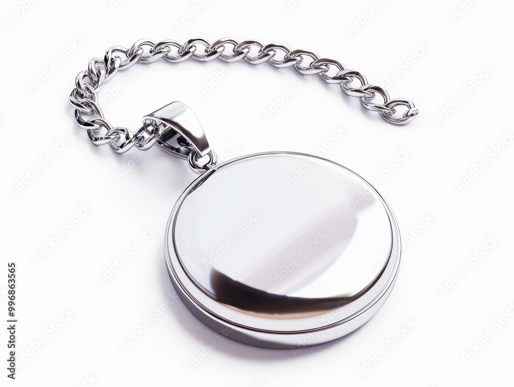 A polished silver locket, isolated on a white background, with the chain draped around it A polished silver locket, isolated on a white background, with the chain draped around it
