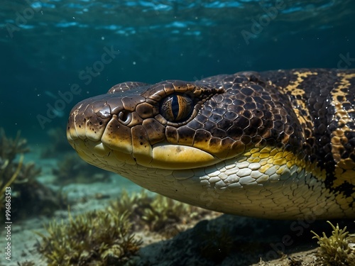 Close-up of an anaconda swimming underwater, showing its massive length.