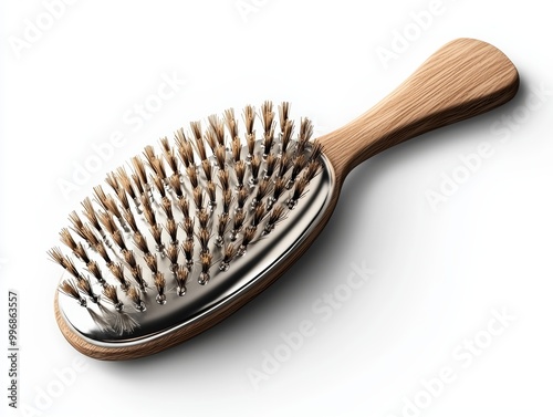 A polished silver hairbrush with wooden bristles, isolated on a white background