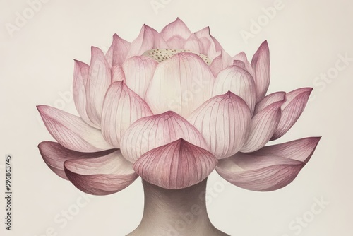 Lotus oriental symbol of purity, life and happiness. Woman with flower head photo