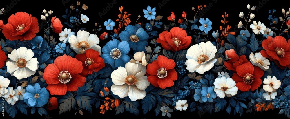 a captivating seamless pattern of red white and blue flowers and leaves against a deep black background creating a striking contrast that embodies vibrancy and elegance a captivating seamless pattern of red white and blue flowers and leaves against a deep black background creating a striking contrast that embodies vibrancy and elegance