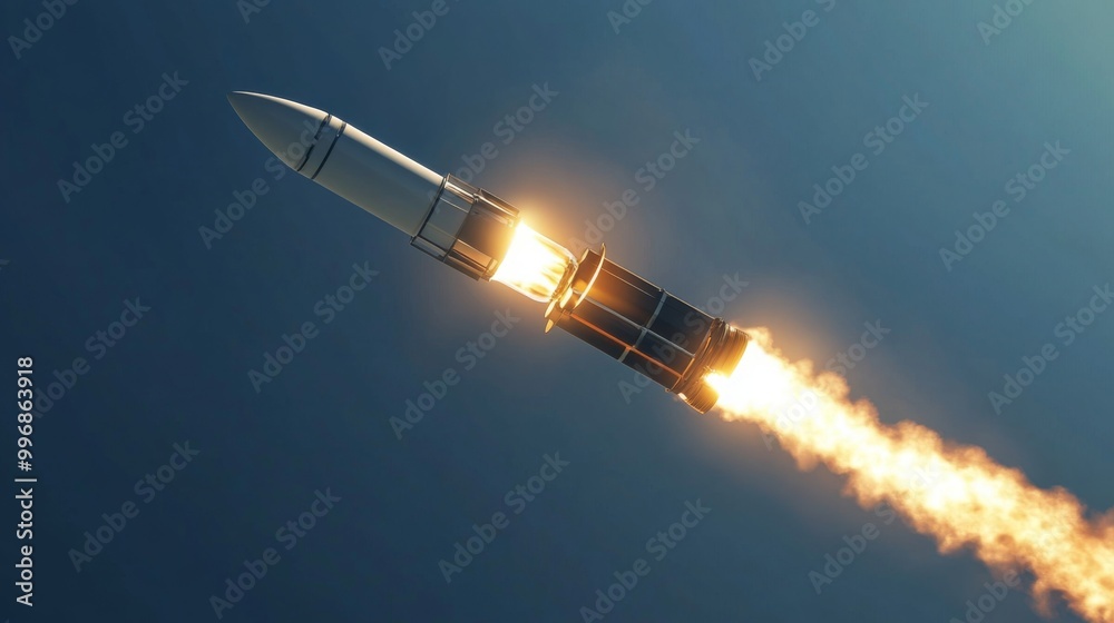 Obraz premium A powerful rocket ascends into the sky, trailing bright flames and smoke as it begins its journey into space, demonstrating advanced aerospace engineering and technology in action.