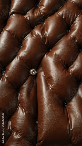 Close-up of brown leather with diamond tufting and metal buttons.