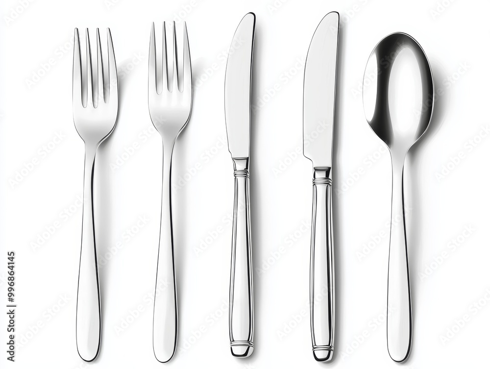 A set of fine silver cutlery, arranged symmetrically on a white background