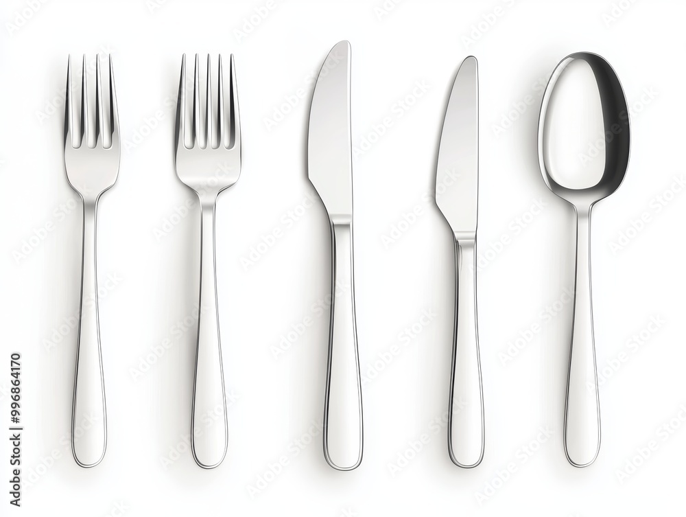 A set of fine silver cutlery, arranged symmetrically on a white background A set of fine silver cutlery, arranged symmetrically on a white background