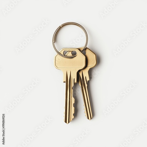 A set of brass keys on a simple ring, displayed against a plain white background