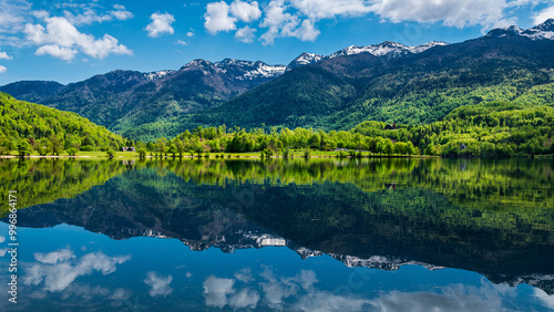 Fototapeta Naklejka Na Ścianę i Meble -  Vue de la côte nord-est du Lac Bohinj, Slovénie, sous un grand soleil, en reflet sur le lac