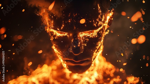 Beautiful image of a man whose face and arm are burning in sparks of fire