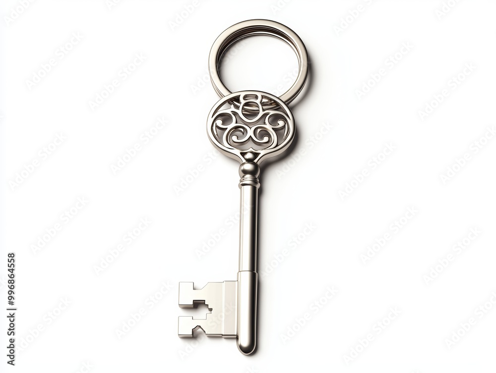 A shiny silver keychain with an intricate design, centered on white A shiny silver keychain with an intricate design, centered on white
