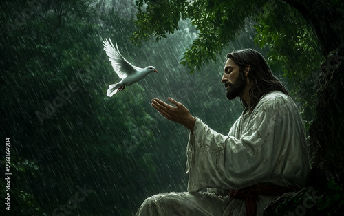 Jesus Christ, with long hair, in a white robe and torn fancy sash, sits on the right side.