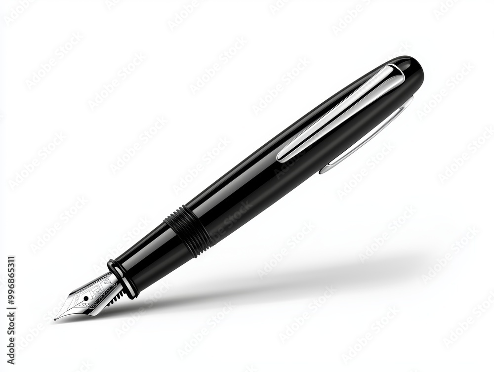 A sleek black fountain pen with silver accents, isolated on white A sleek black fountain pen with silver accents, isolated on white