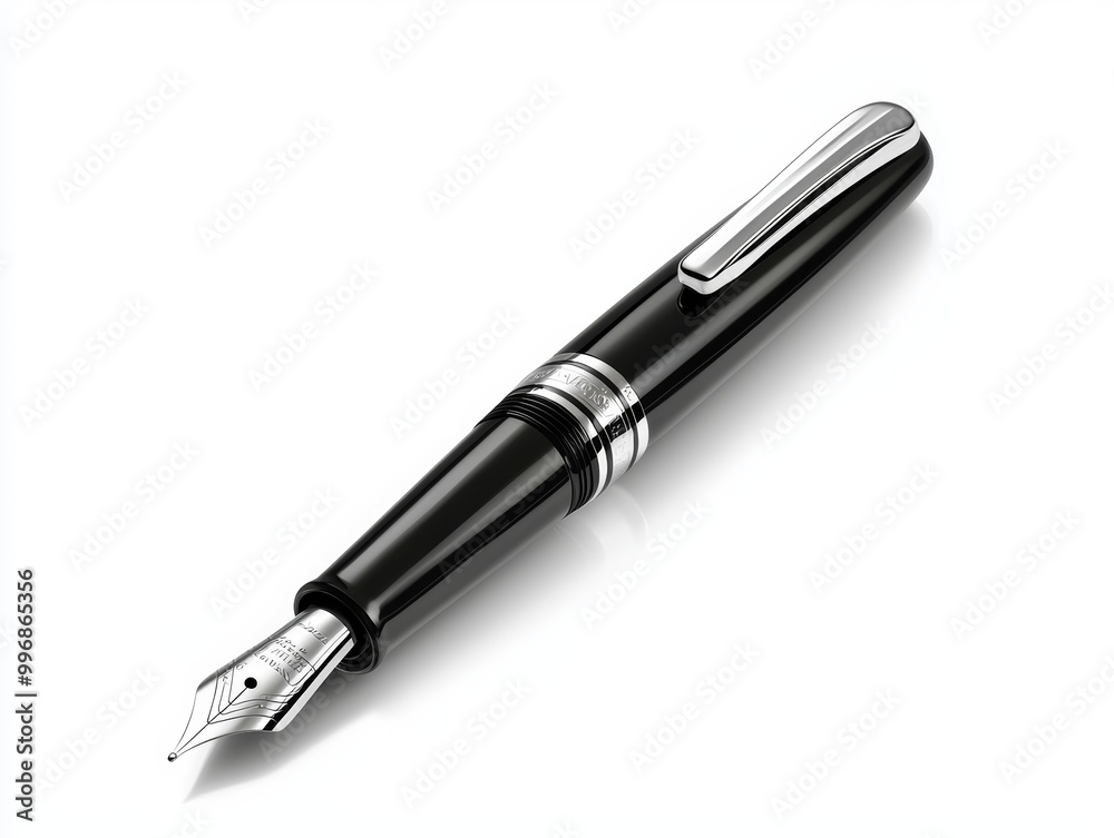 A sleek black fountain pen with silver accents, isolated on white A sleek black fountain pen with silver accents, isolated on white