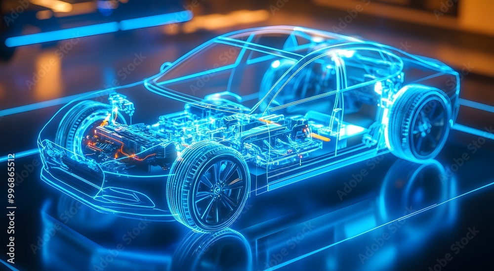 A holographic representation of an electric vehicle's battery and motor, with visible wires connecting to the car body, set against a backdrop of blue neon lights.
