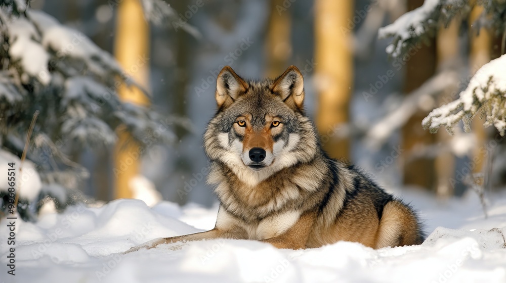 Wolf sitting, front, peaceful, captive, winter, snow, forest landscape