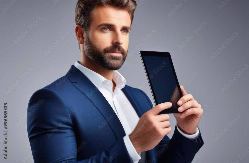 Close-up. A man in a business suit holds a tablet in his hands, showing the screen. Business concept. Close-up. A man in a business suit holds a tablet in his hands, showing the screen. Business concept.