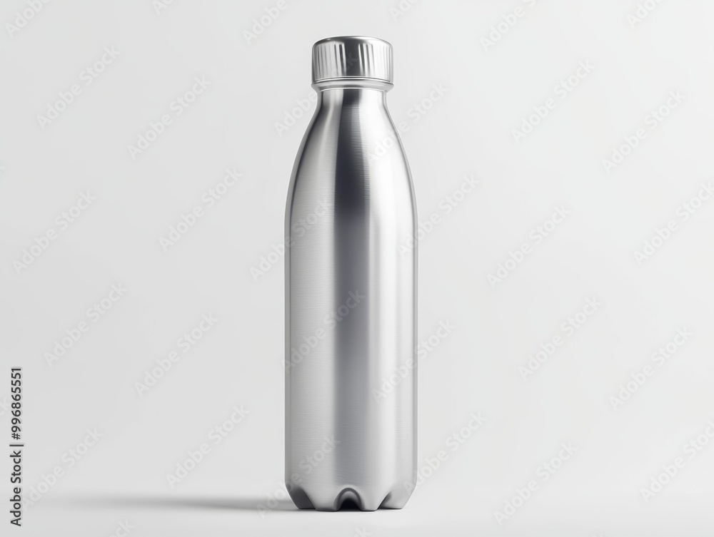 A sleek modern water bottle made of stainless steel, isolated on white A sleek modern water bottle made of stainless steel, isolated on white
