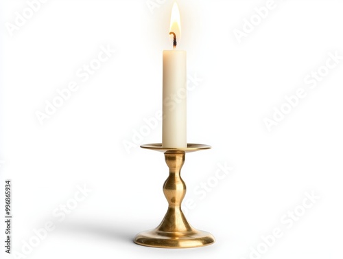 A vintage brass candlestick with a lit candle, isolated on a clean white background