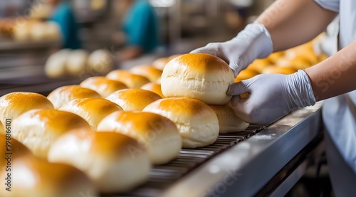 A person wearing gloves puts bread into a bun. Golden Buns Lifted by a Conveyor Belt High-Resolution Shot of the Bread-Making Process in a Bakery photo