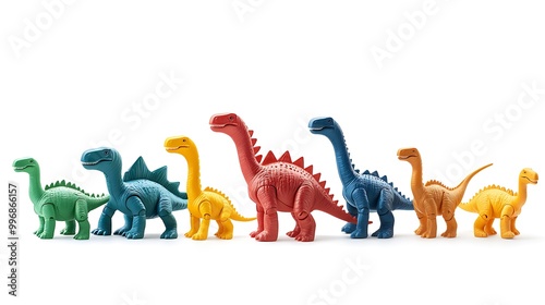 Fototapeta Naklejka Na Ścianę i Meble -  Bright plastic dinosaurs stand isolated, each bursting with playful detail.