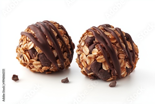 Two dark chocolate dipped oat balls with chocolate drizzles and small chocolate chips photo