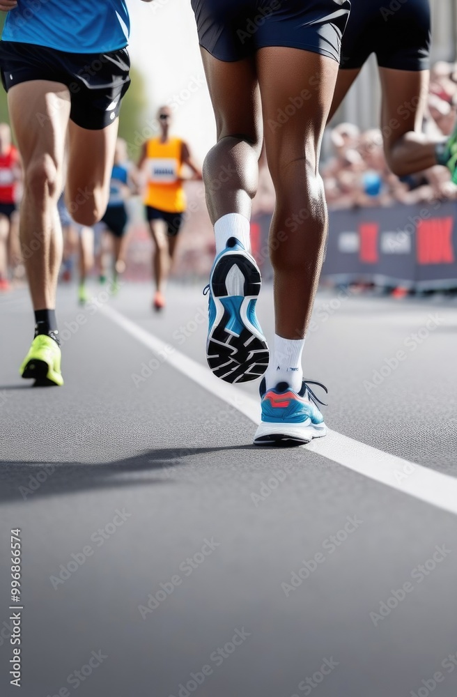 Close-up of people's feet in sneakers running a marathon.