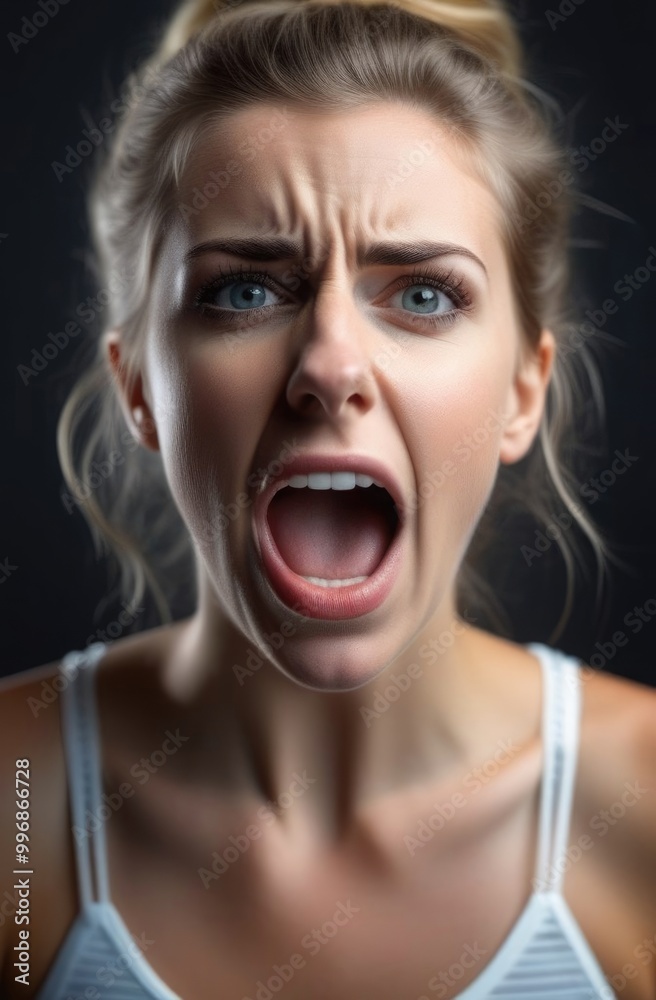 Emotional portrait of a screaming girl on a dark background. Emotional portrait of a screaming girl on a dark background.
